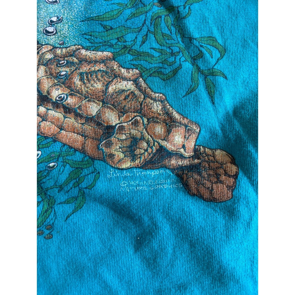 Vintage 1993 Nature Graphics Sea Turtle T-Shirt Teal Hanes Beefy-T XL Harlequin - Picture 3 of 7